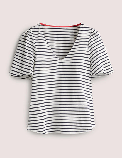 Supersoft Flutter Sleeve Top-Ivory / Navy Stripe