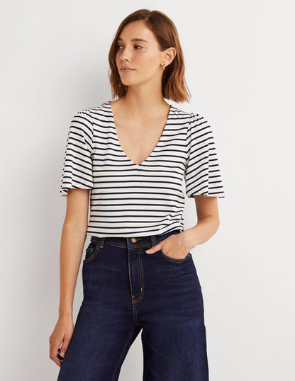 Supersoft Flutter Sleeve Top-Ivory / Navy Stripe