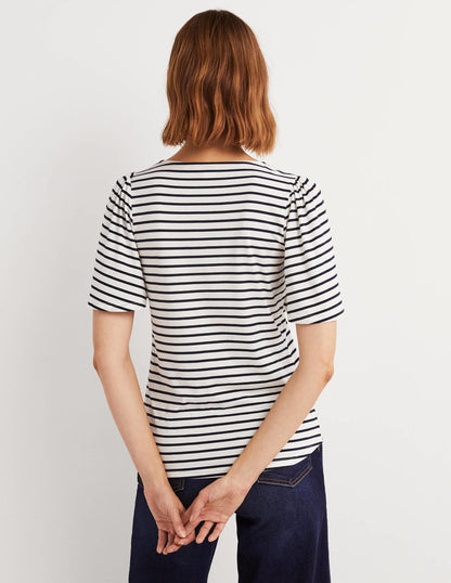 Supersoft Flutter Sleeve Top-Ivory / Navy Stripe