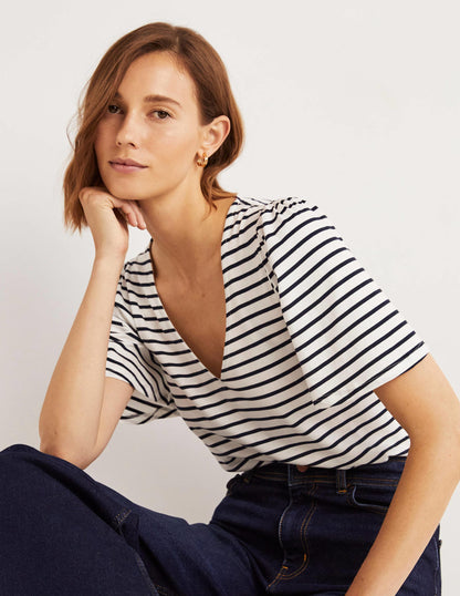 Supersoft Flutter Sleeve Top-Ivory / Navy Stripe