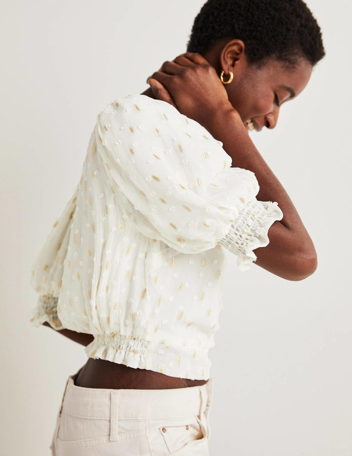 Cropped Metallic Smocked Top-Ivory and Gold Clip