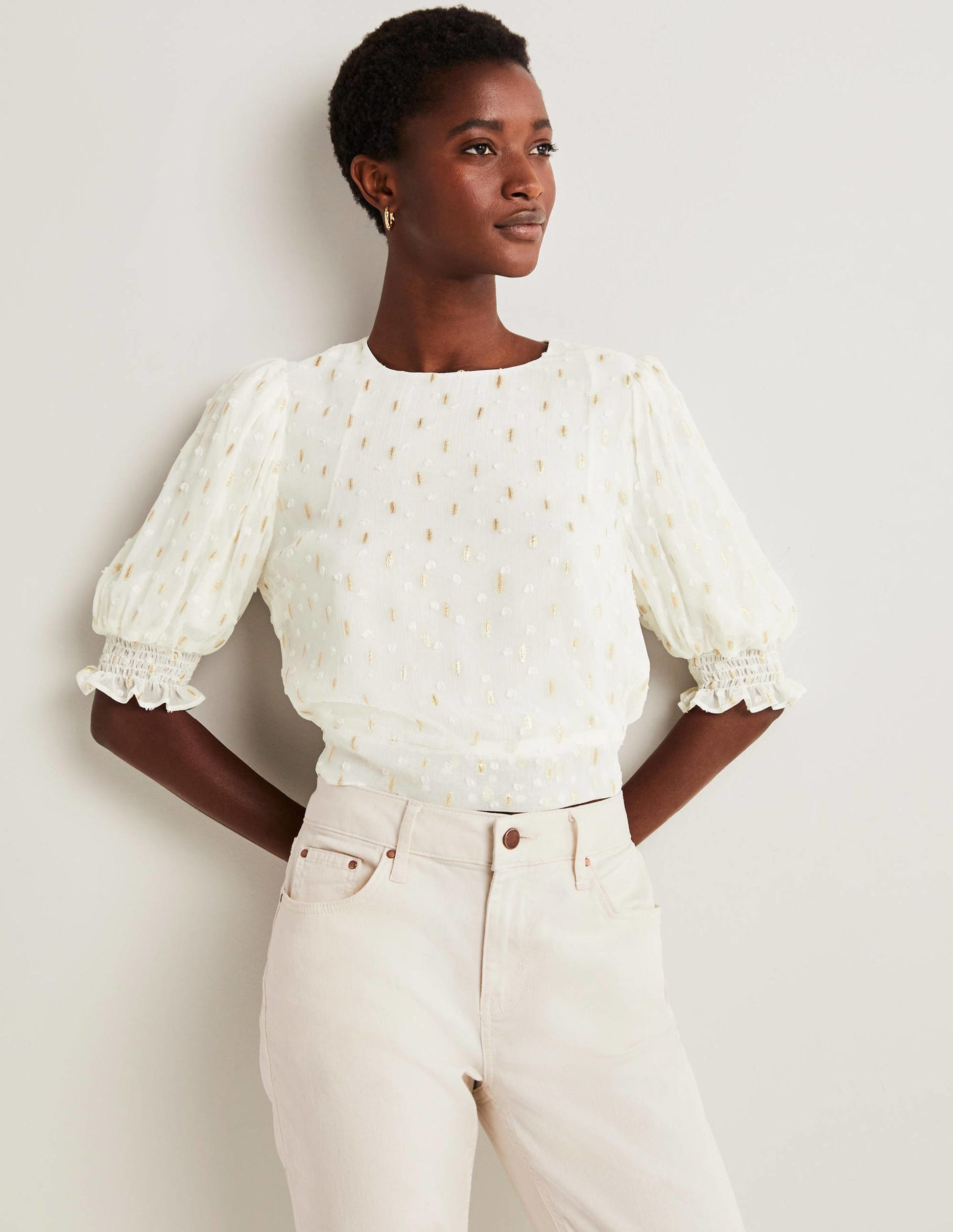 Cropped Metallic Smocked Top-Ivory and Gold Clip-2