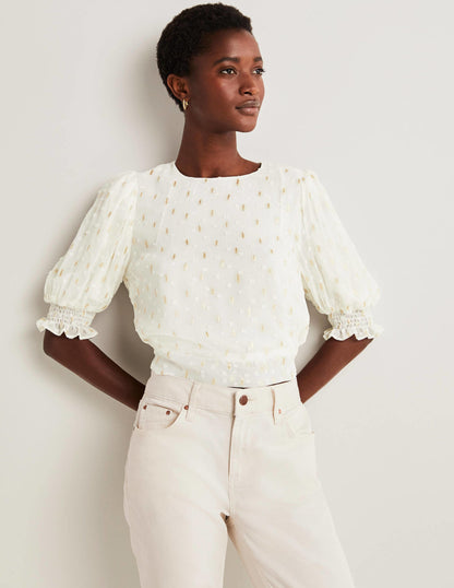 Cropped Metallic Smocked Top-Ivory and Gold Clip-2