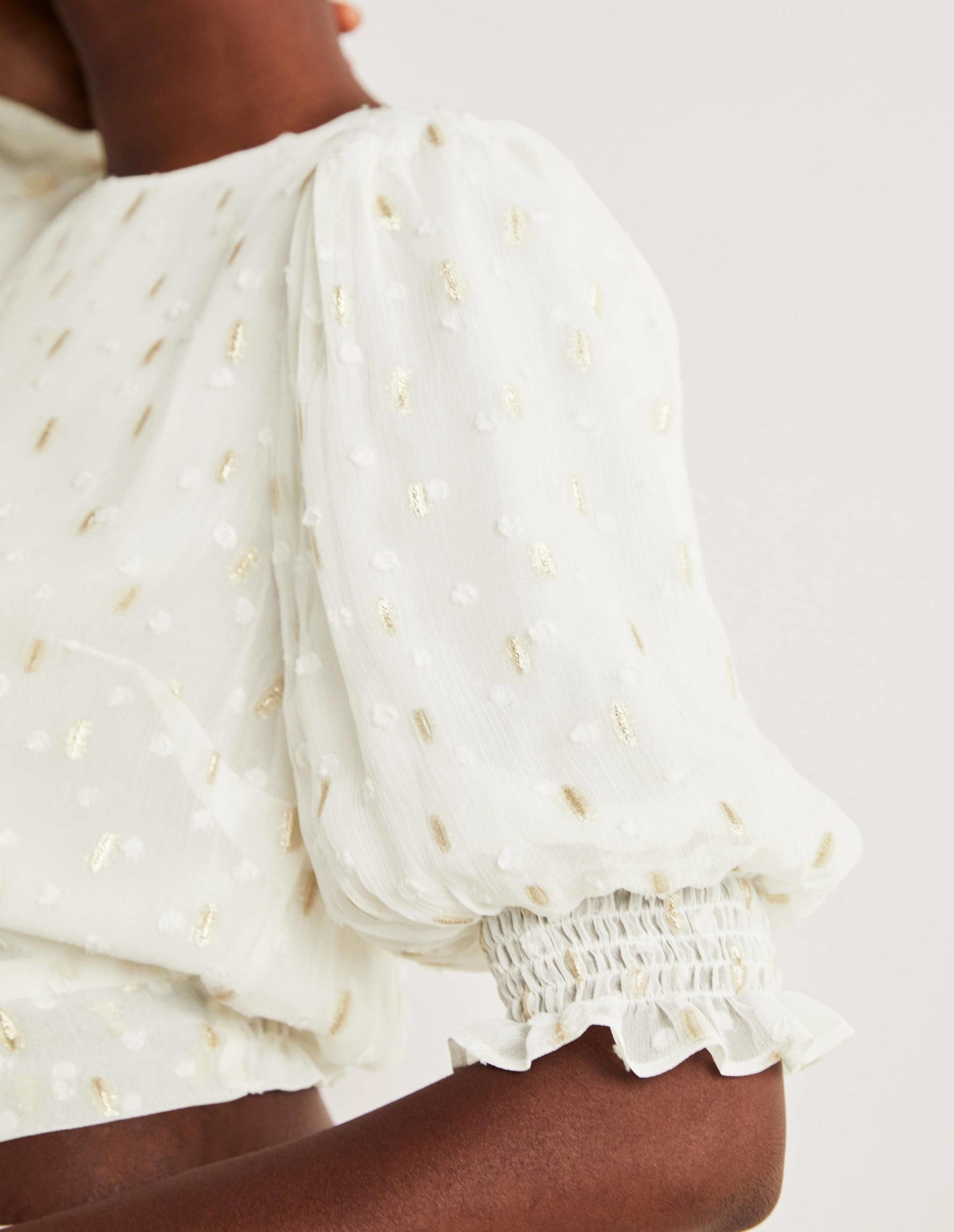 Cropped Metallic Smocked Top-Ivory and Gold Clip