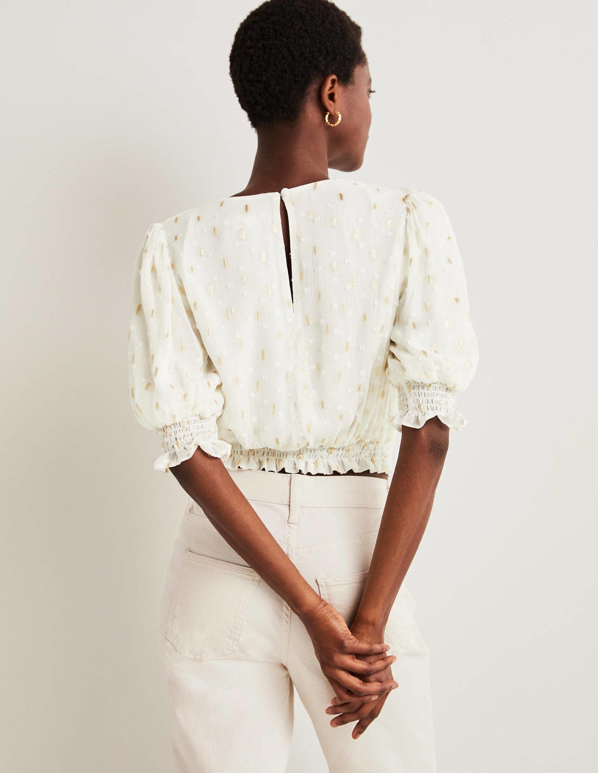 Cropped Metallic Smocked Top-Ivory and Gold Clip-4