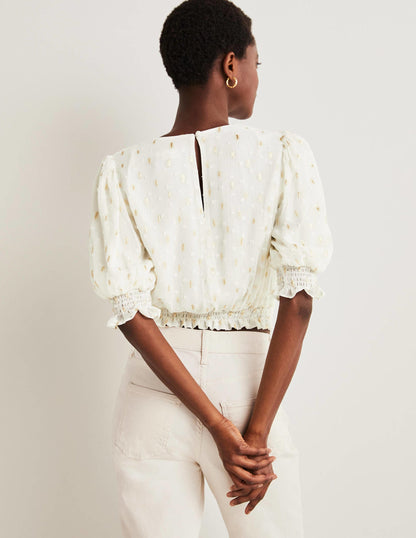 Cropped Metallic Smocked Top-Ivory and Gold Clip-4