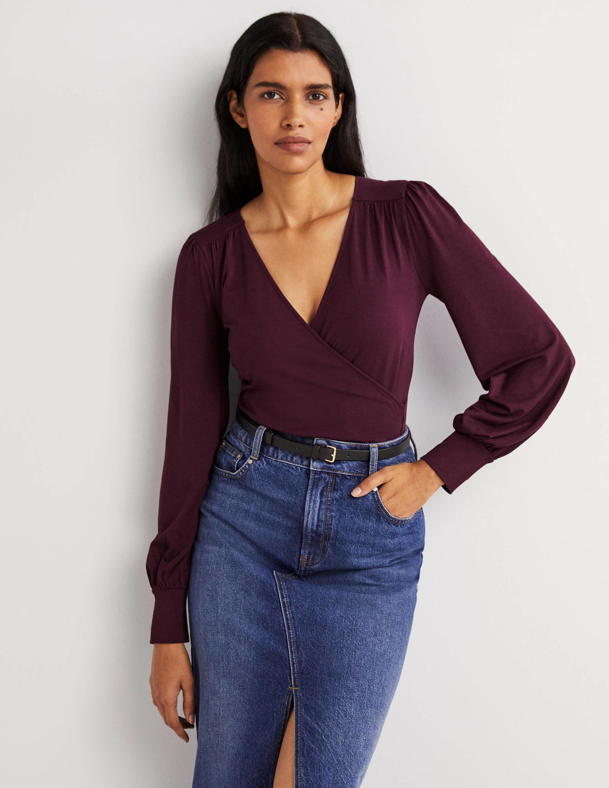 Blouson Wrap Top-Mulled Wine Purple-1