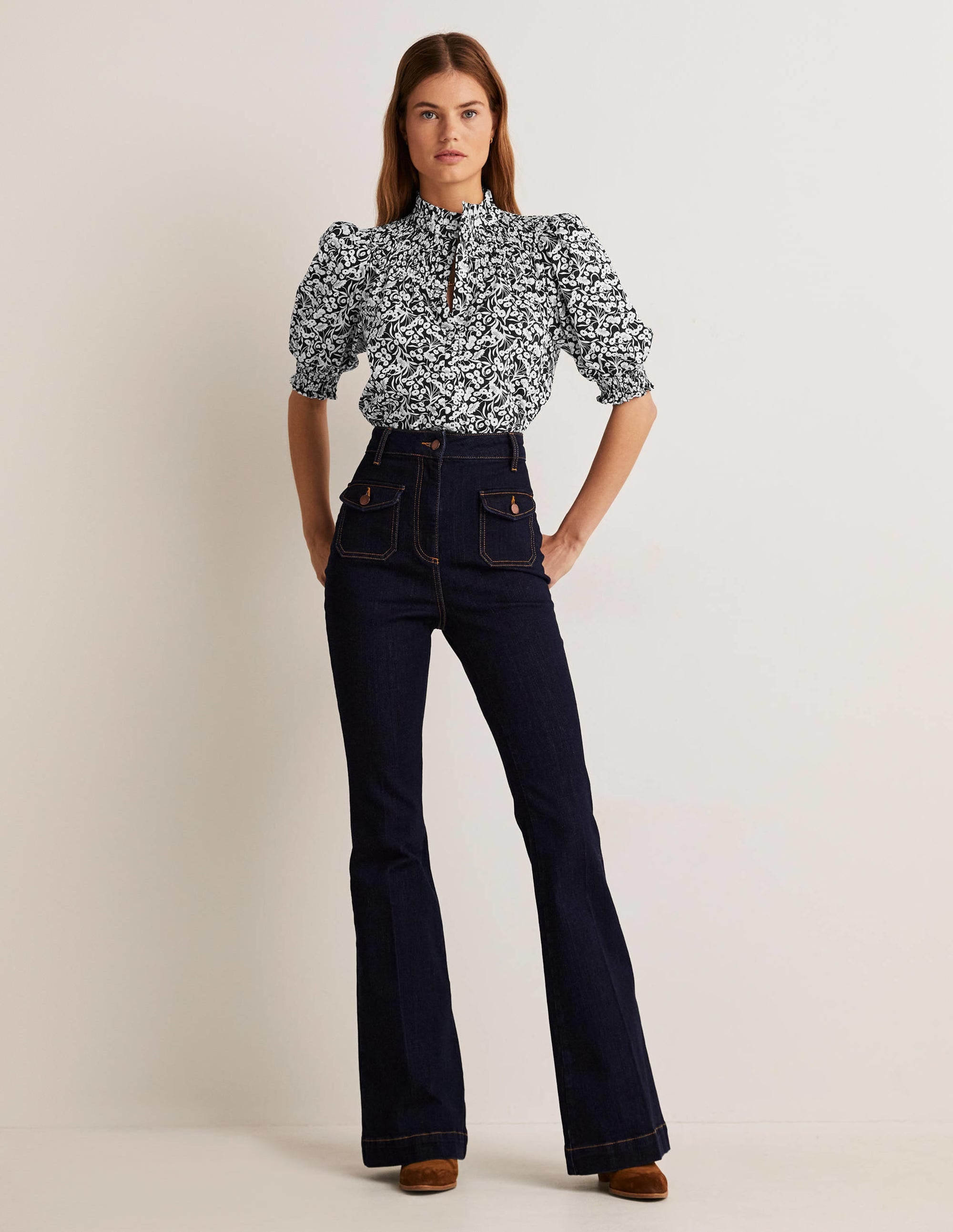 Short Sleeve Smocked Shirt-Black, Floret Bud - Image 8