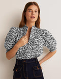 Short Sleeve Smocked Shirt-Black, Floret Bud