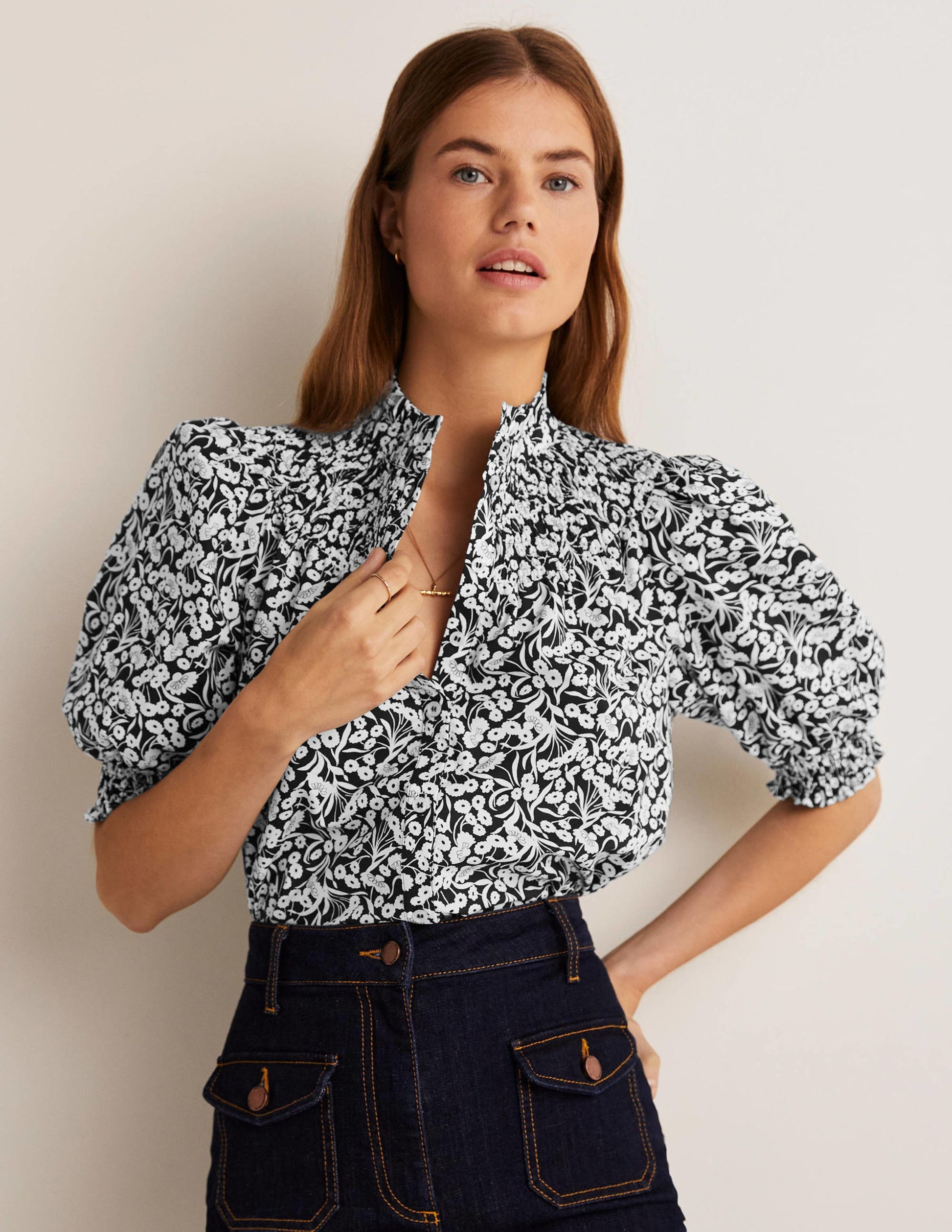 Short Sleeve Smocked Shirt-Black, Floret Bud-1