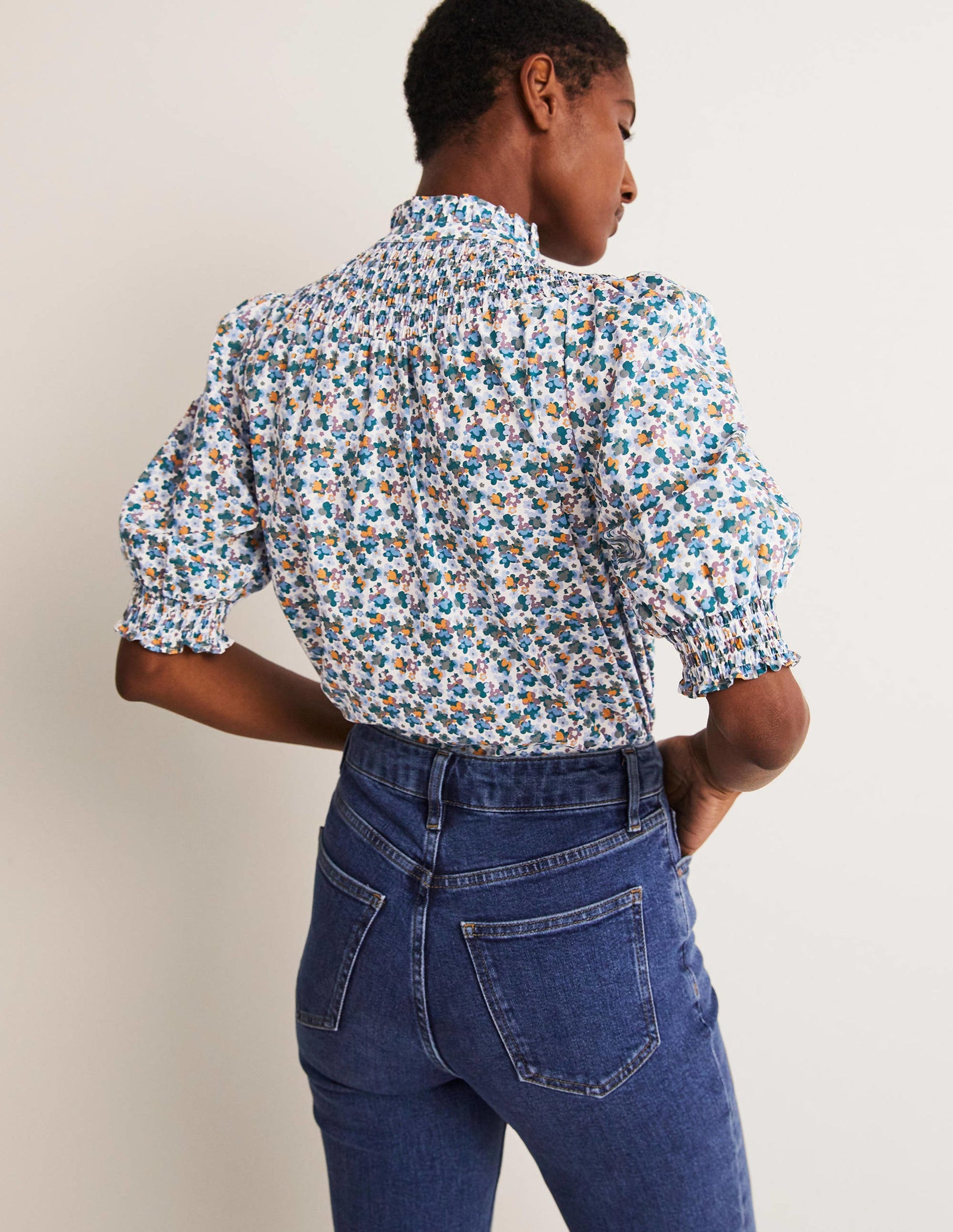 Short Sleeve Smocked Shirt-Blue, Abstract Cluster-8