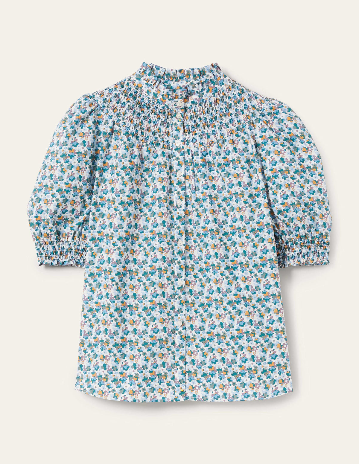 Short Sleeve Smocked Shirt-Blue, Abstract Cluster-11