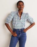 Short Sleeve Smocked Shirt-Blue, Abstract Cluster
