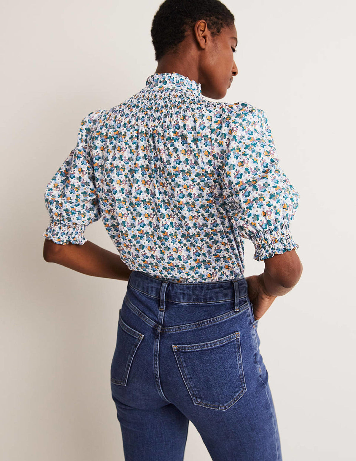 Short Sleeve Smocked Shirt-Blue, Abstract Cluster-3