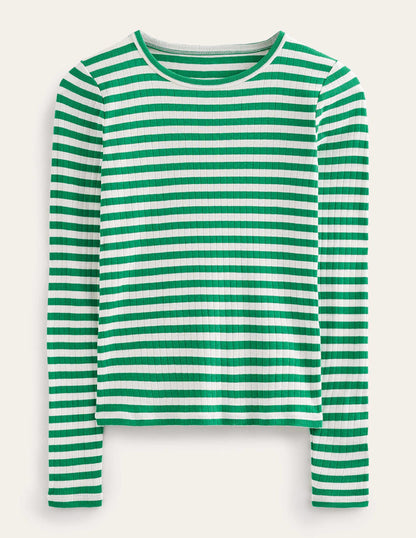 Anna Rib Crew T-Shirt-Meadow Green, Ivory Stripe-6