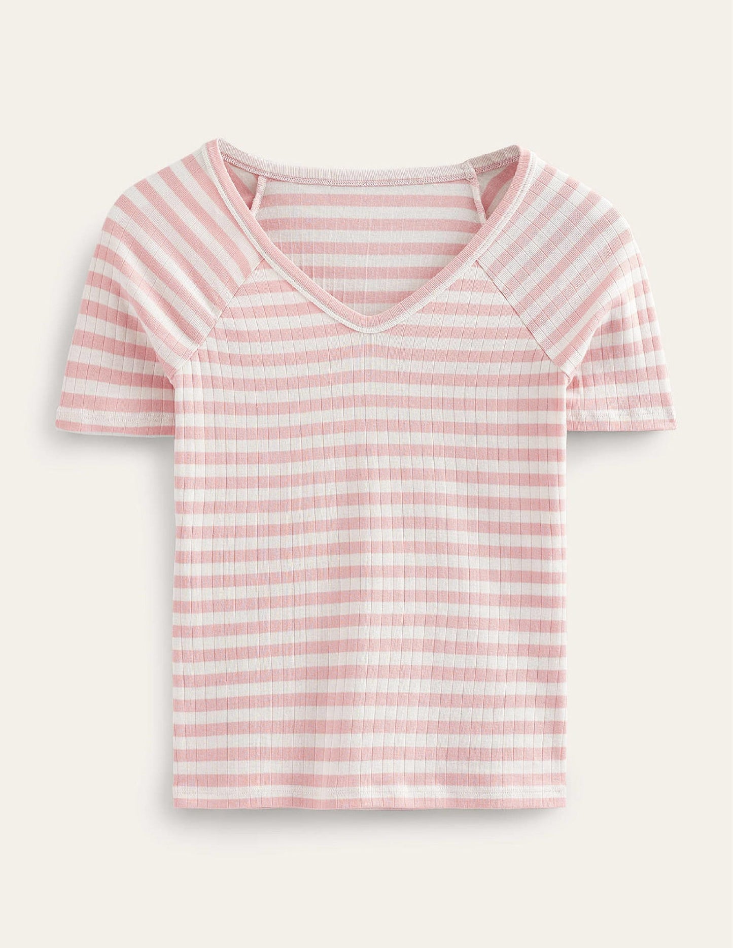 Anna Rib V-Neck T-Shirt-Ivory, Peach Skin Stripe