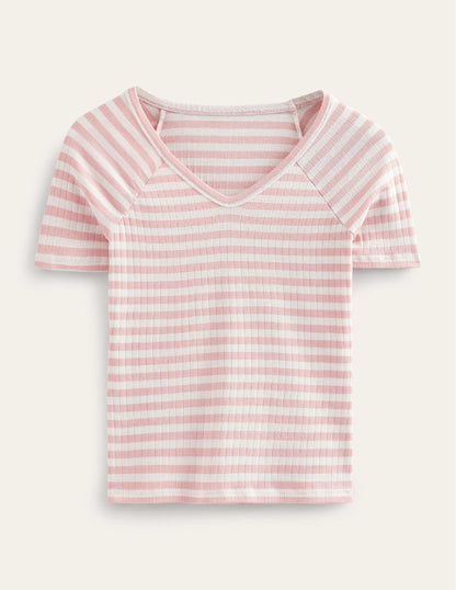 Anna Rib V-Neck T-Shirt-Ivory, Peach Skin Stripe-5
