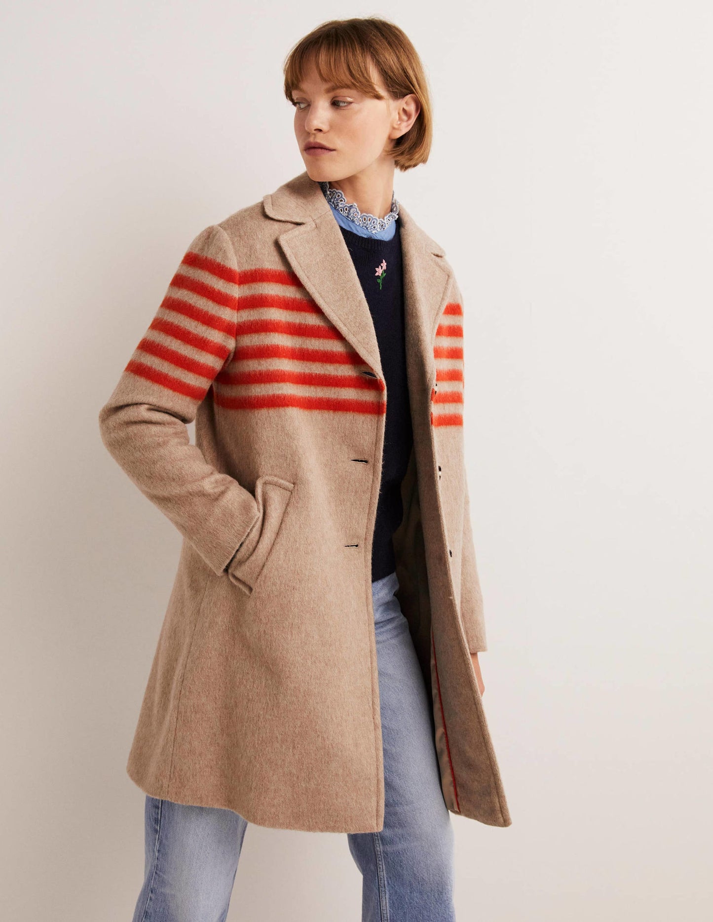 Wool Blend Striped Coat-Camel, Bright Papaya Stripe