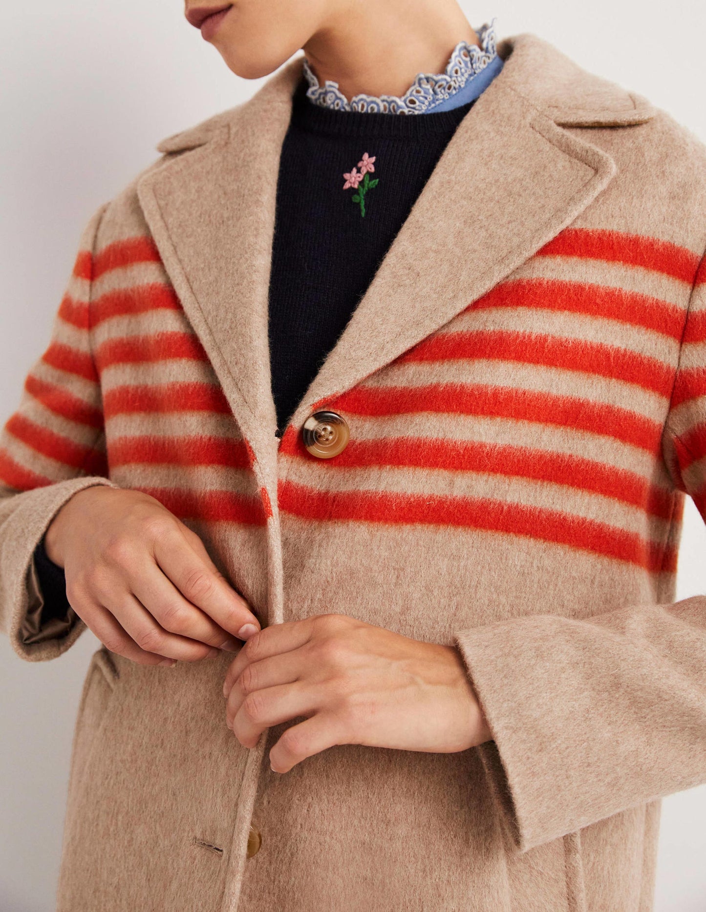 Wool Blend Striped Coat-Camel, Bright Papaya Stripe