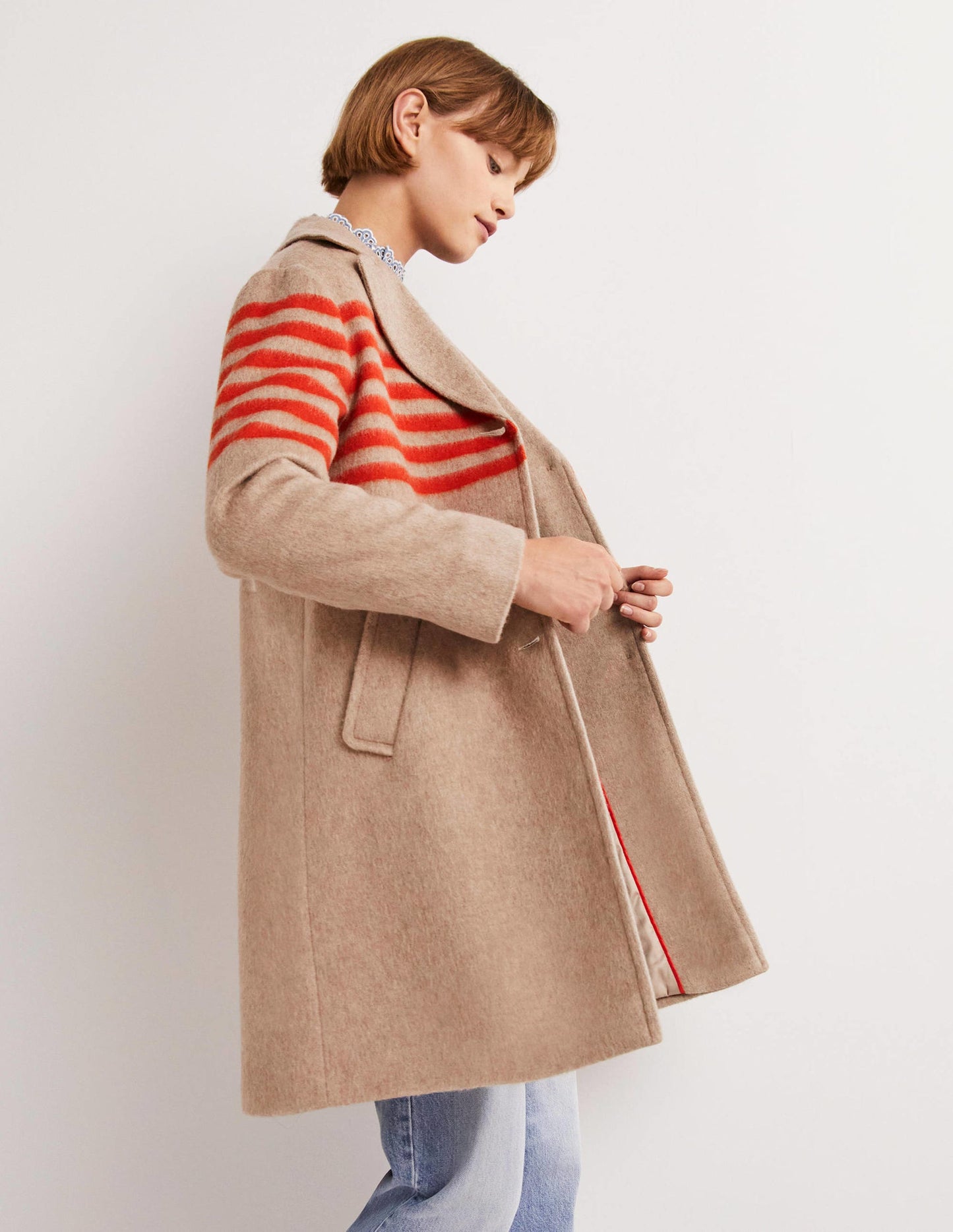 Wool Blend Striped Coat-Camel, Bright Papaya Stripe