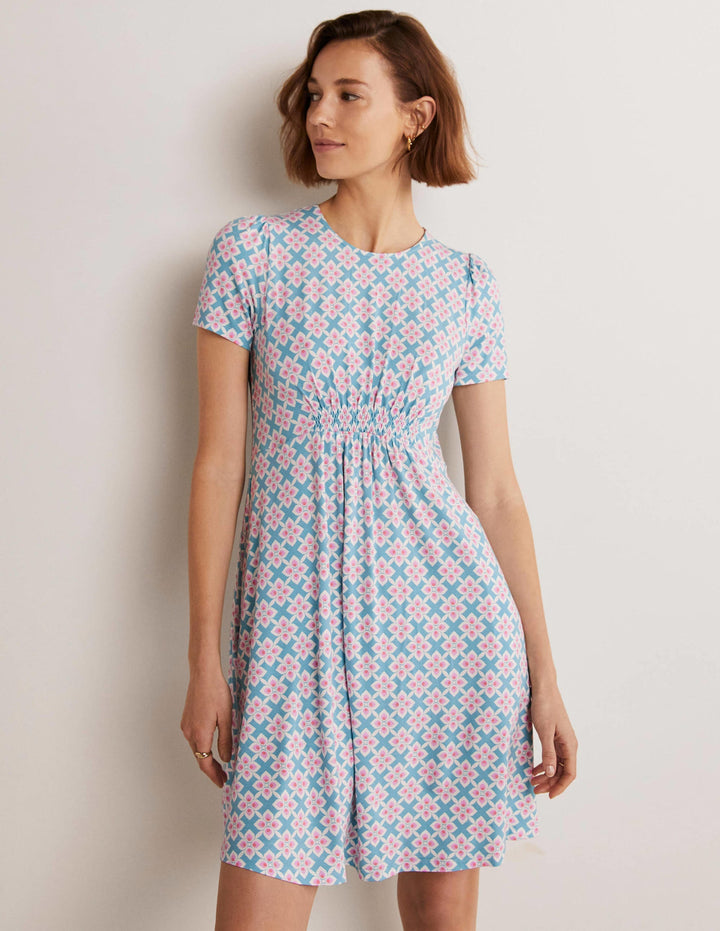 Crew Neck Jersey Dress-Coastal Shade, Diamond Leaf