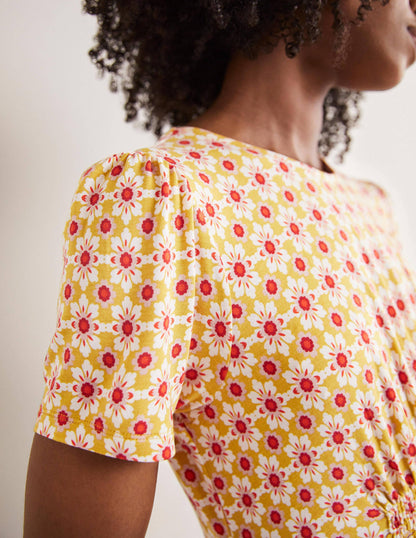 Crew Neck Jersey Dress-Olive Oil, Floret Tile-2