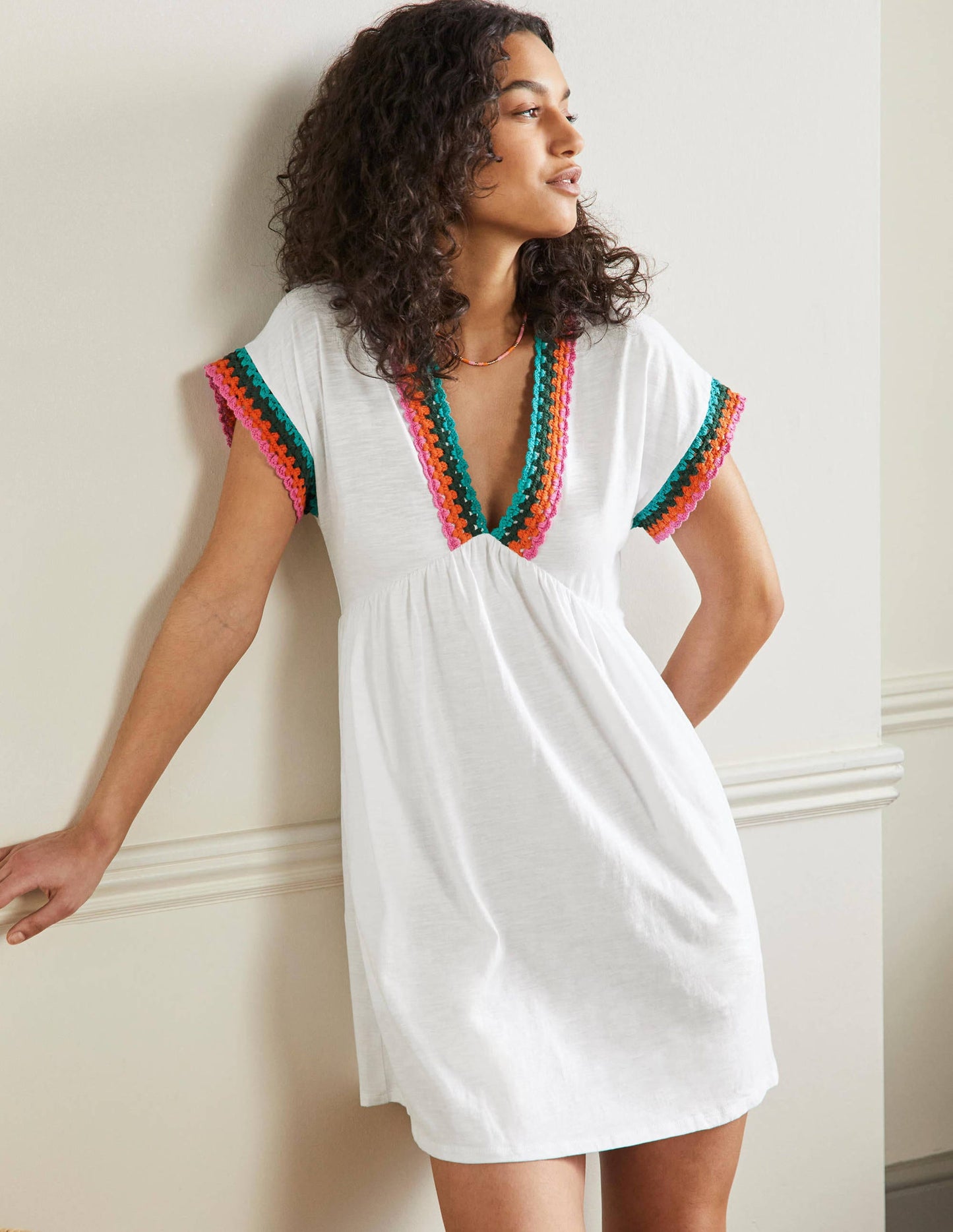 Crochet Trim Jersey Dress-White