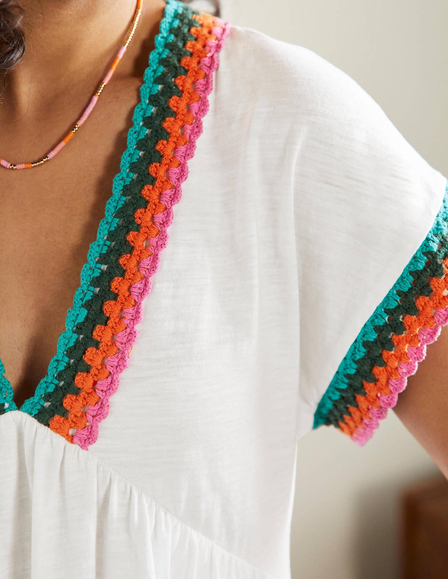 Crochet Trim Jersey Dress-White