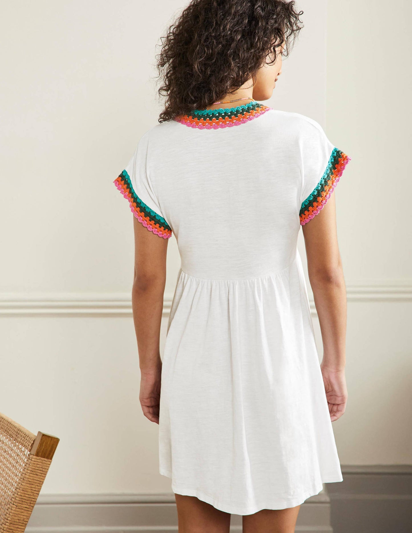 Crochet Trim Jersey Dress-White