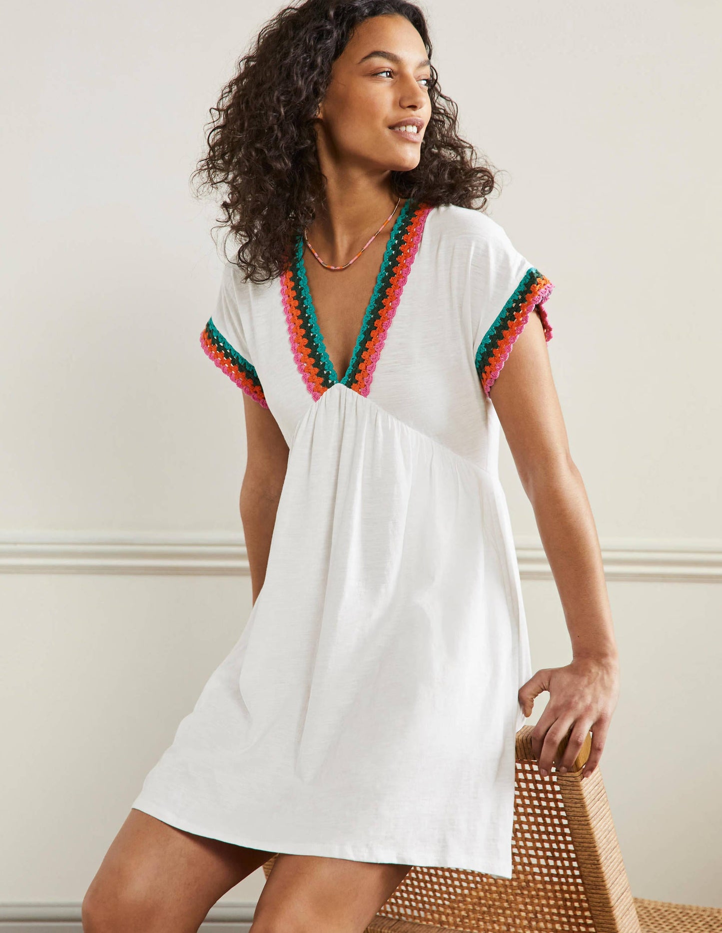Crochet Trim Jersey Dress-White