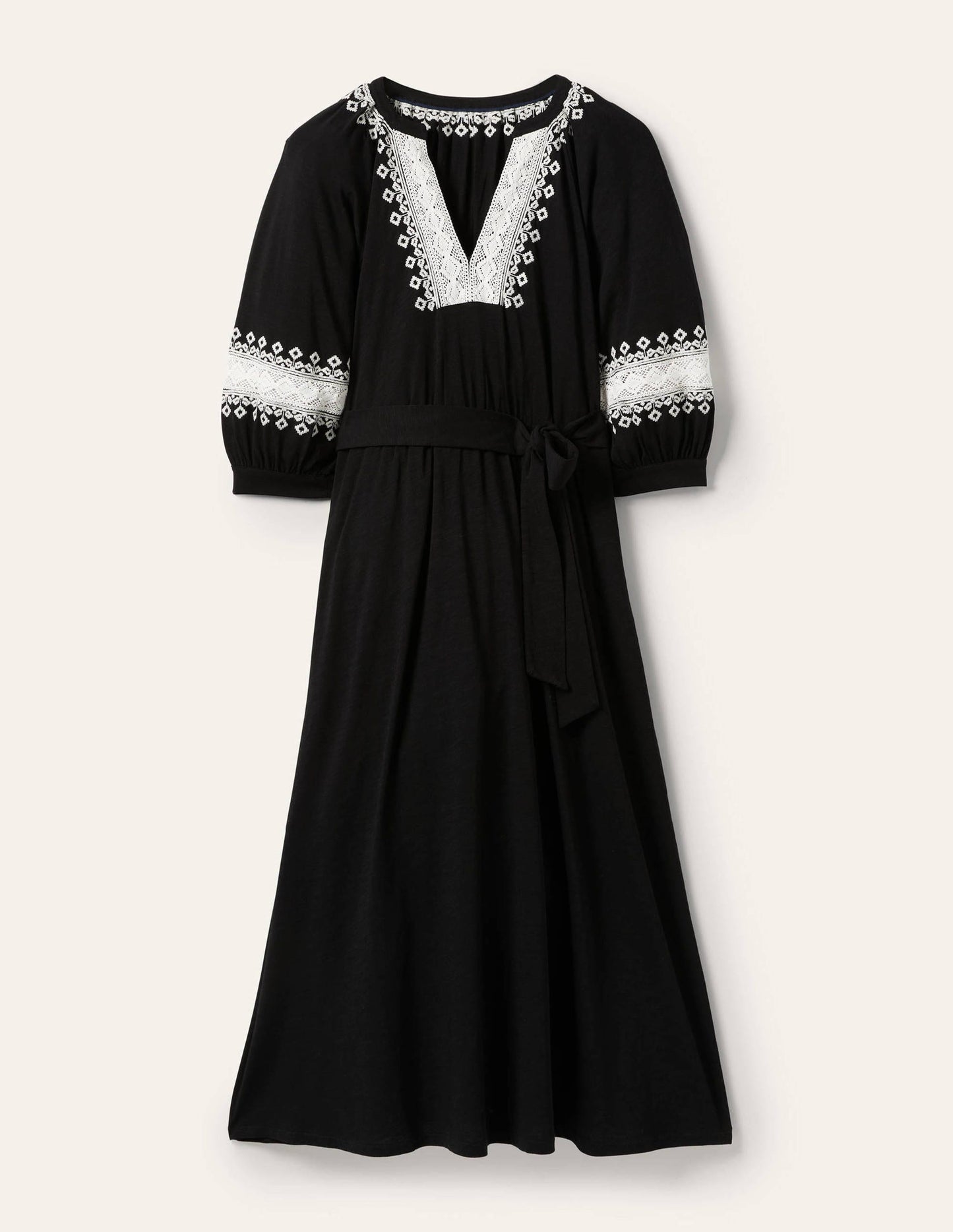 Crochet Trim Jersey Midi Dress-Black