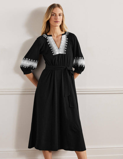 Crochet Trim Jersey Midi Dress-Black