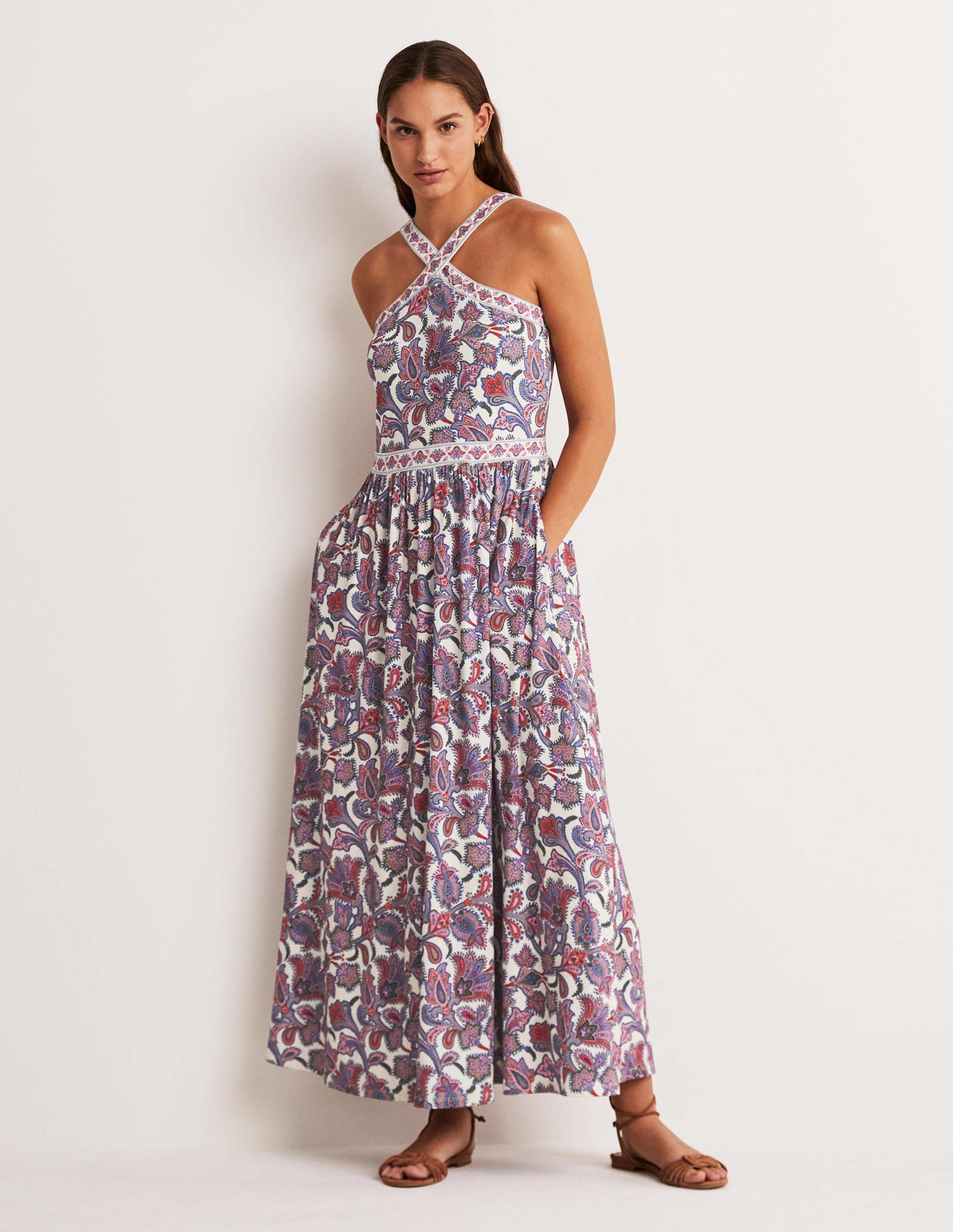 Halterneck Jersey Maxi Dress-Ivory, Paisley Bud-1