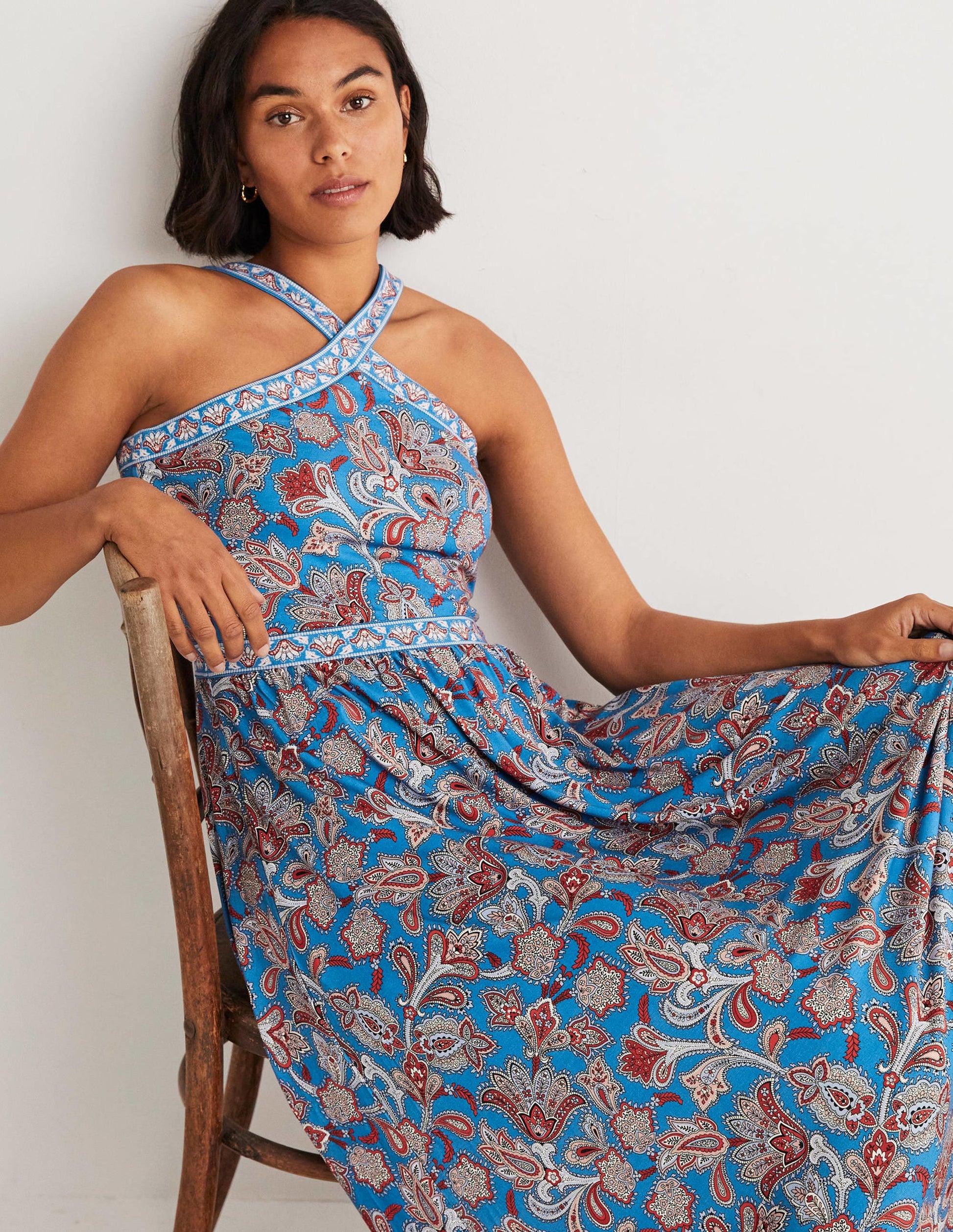 Halterneck Jersey Maxi Dress-Mosaic Blue, Paisley Bud-8