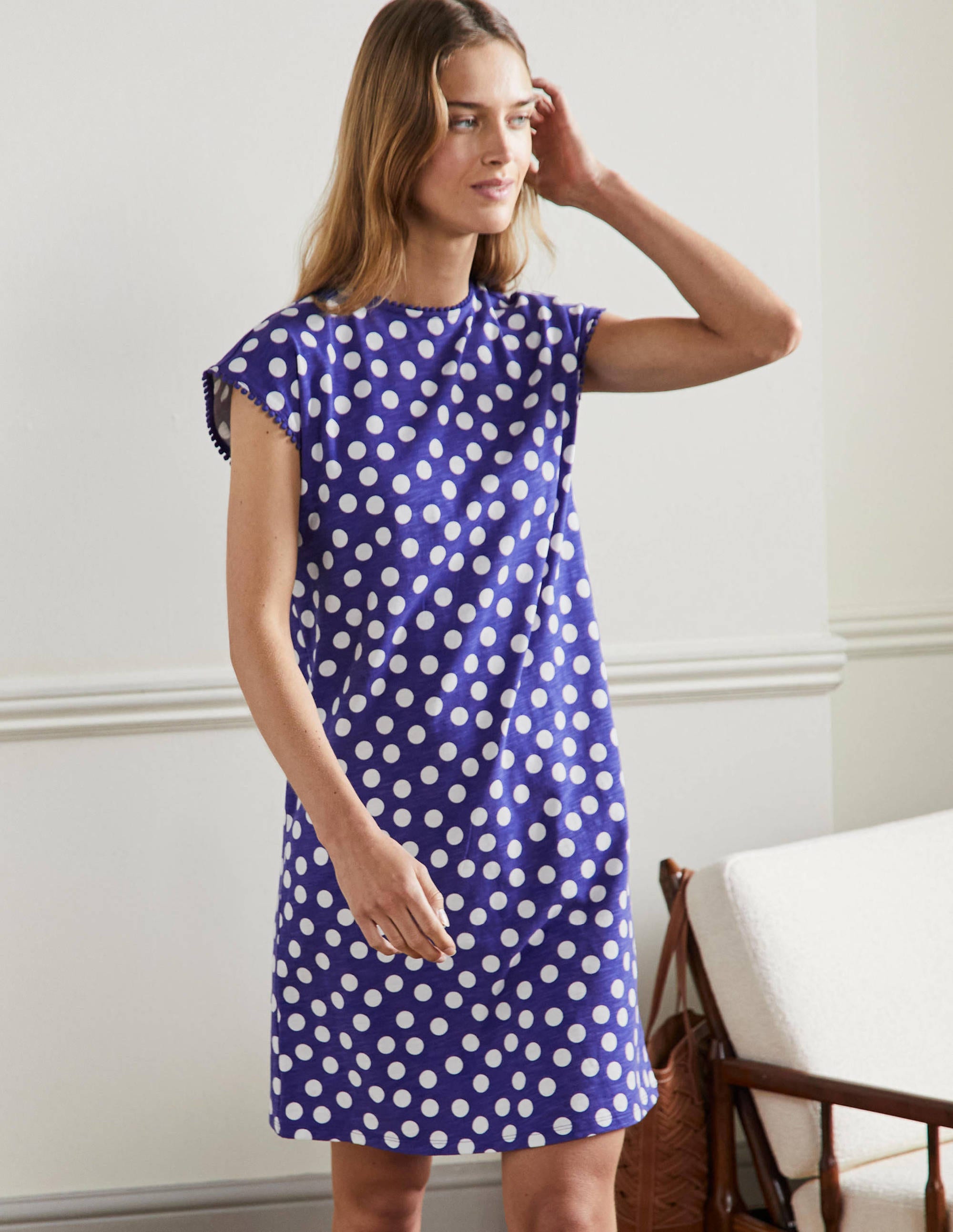 Trim Detail T-Shirt Dress-Atlantic Ocean, Scattered Dot - Image 4