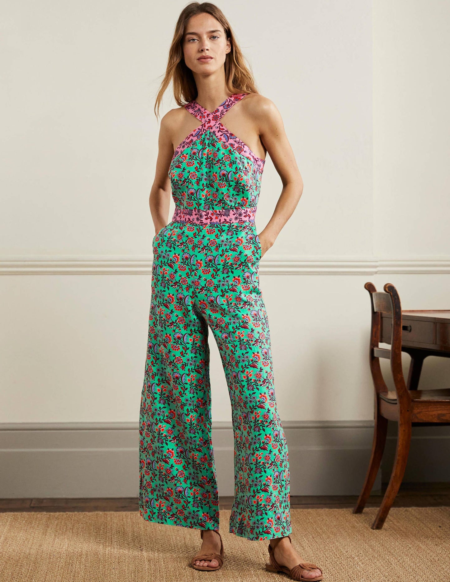 Cross Over Linen Jumpsuit-Green Lagoon, Oriental Meadow