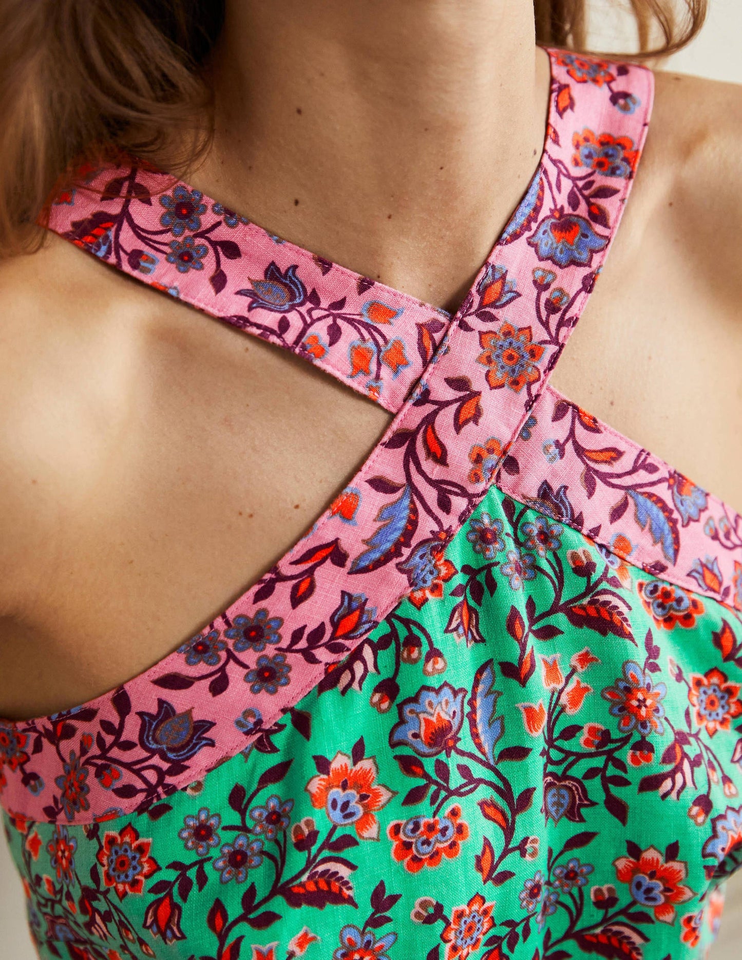 Cross Over Linen Jumpsuit-Green Lagoon, Oriental Meadow