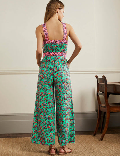 Cross Over Linen Jumpsuit-Green Lagoon, Oriental Meadow-3