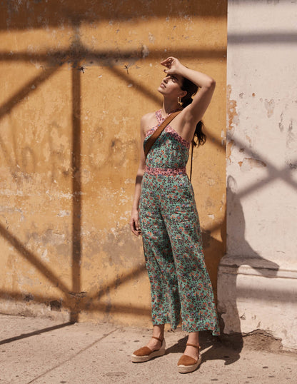 Cross Over Linen Jumpsuit-Green Lagoon, Oriental Meadow-5