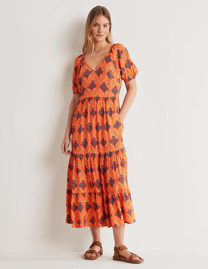 V-Neck Midi Dress-Firecracker, Poppy Bloom-1