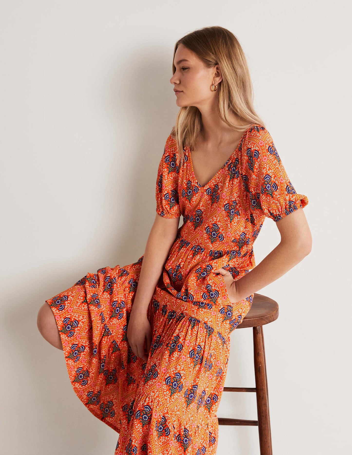 V-Neck Midi Dress-Firecracker, Poppy Bloom