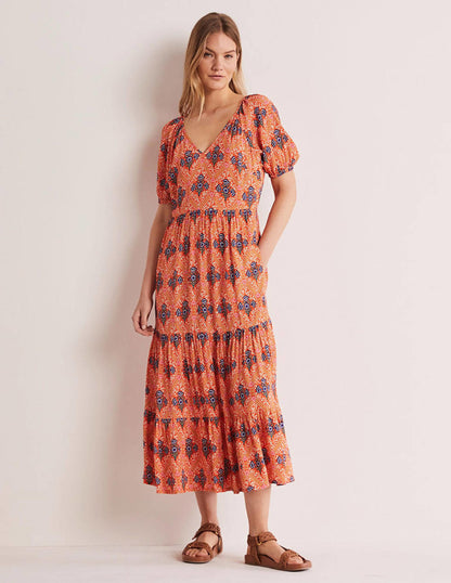 V-Neck Midi Dress-Firecracker, Poppy Bloom-5