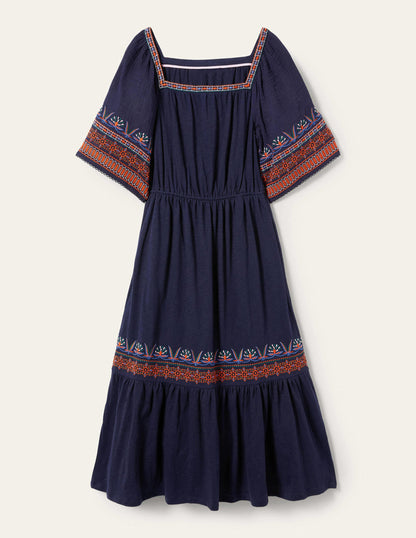 Jersey Embroidered Midi Dress-Navy