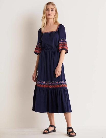 Jersey Embroidered Midi Dress-Navy
