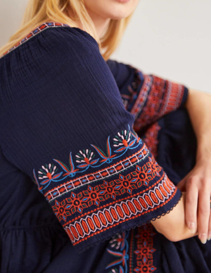 Jersey Embroidered Midi Dress-Navy