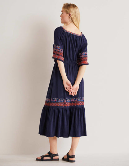 Jersey Embroidered Midi Dress-Navy