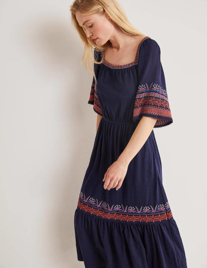 Jersey Embroidered Midi Dress-Navy