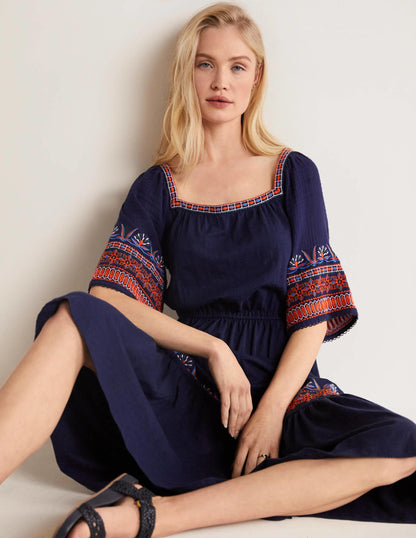 Jersey Embroidered Midi Dress-Navy