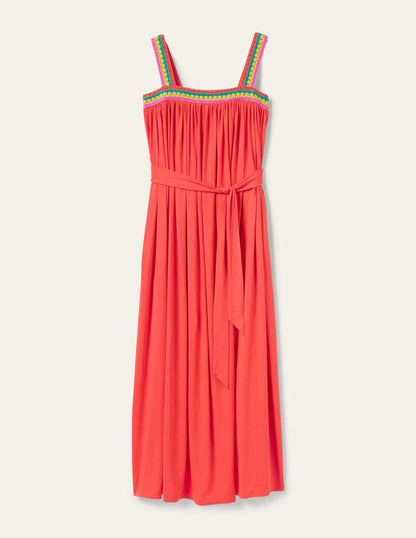 Crochet Trim Jersey Maxi Dress-Hot Coral-7