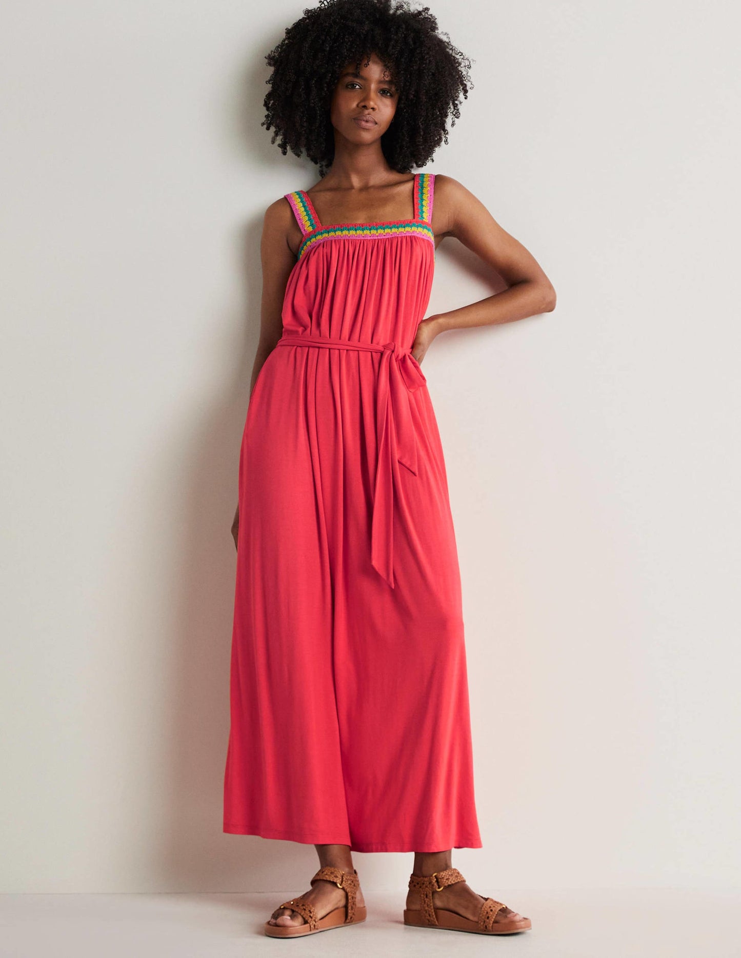 Crochet Trim Jersey Maxi Dress-Hot Coral
